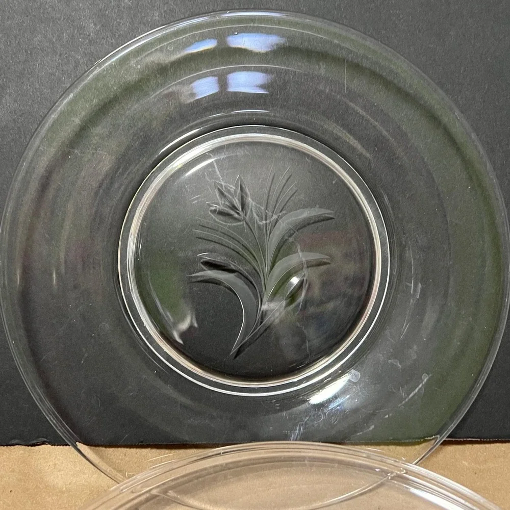 Vintage Clear Glass Saucers Etched Floral Set‎ of 4 8.5 in Americana botanical